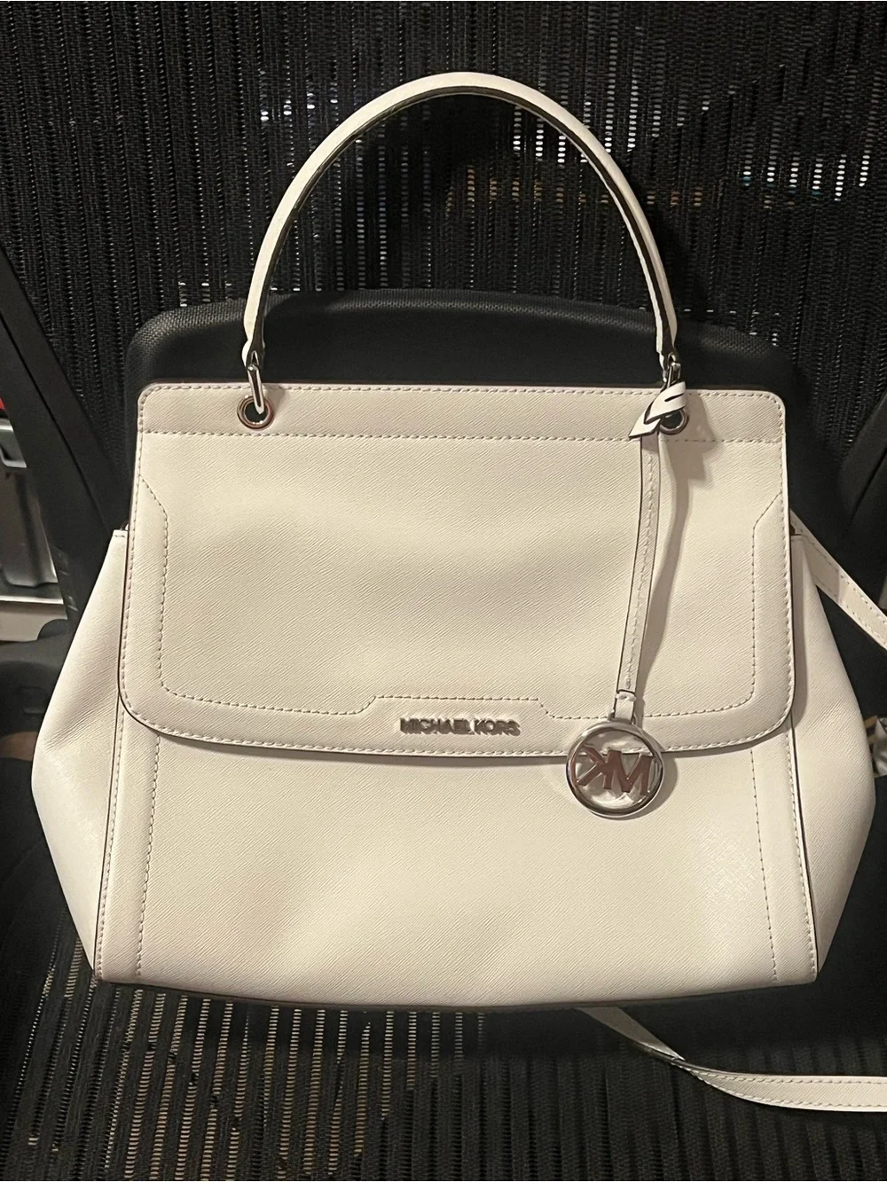 Michael Kors Talia MK Satchel Flap Bag White Saffiano Leather